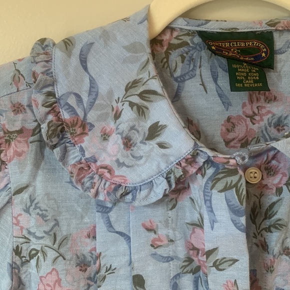 PETER Pan Collar Floral Short Sleeve Buttondown Blouse 100% Cotton Size 2 - Picture 10 of 14